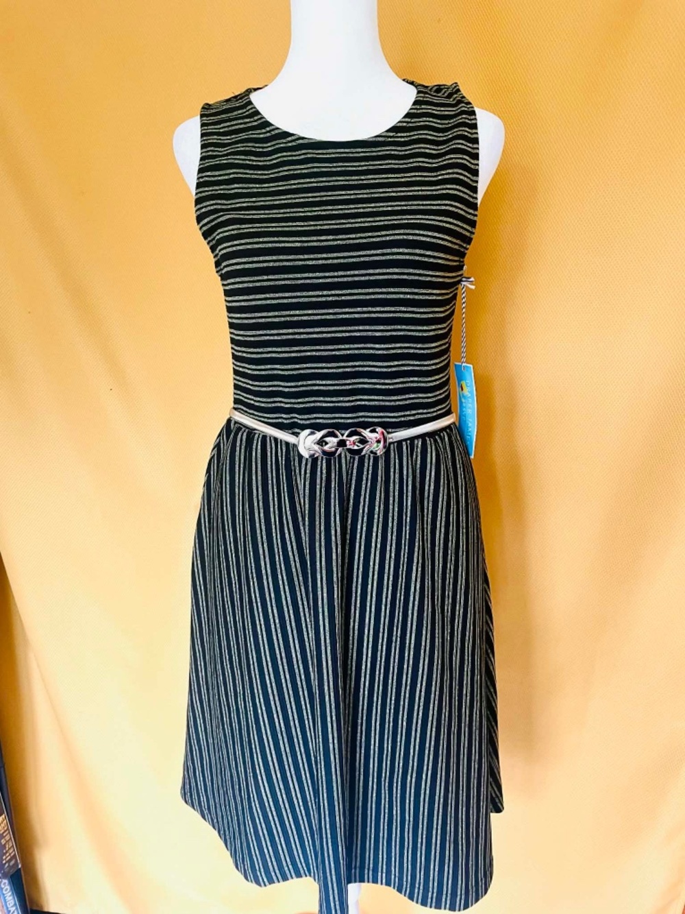 Striped Sleeveless Dress Size Small Black Gold A Line Midi Pockets